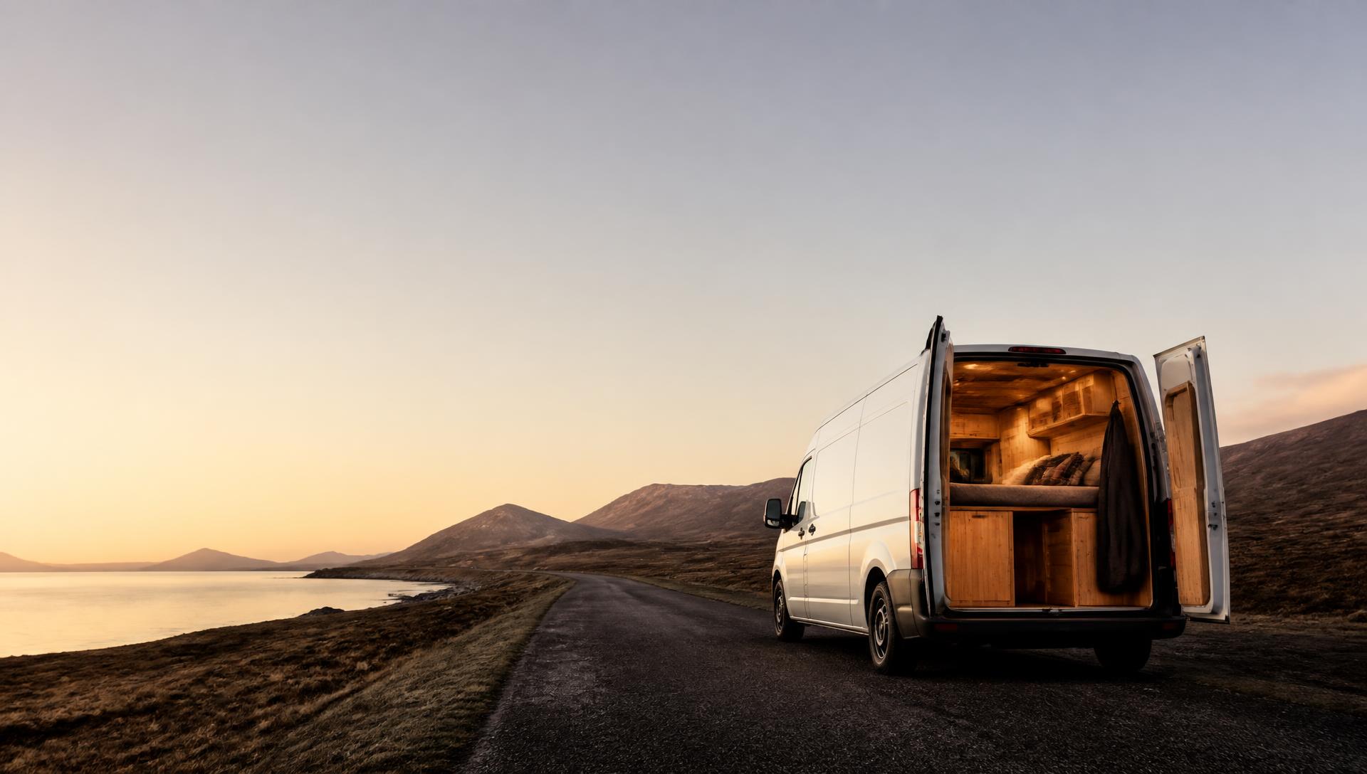 A converted campervan parked at dusk with its rear doors open, showing a lit wooden interior